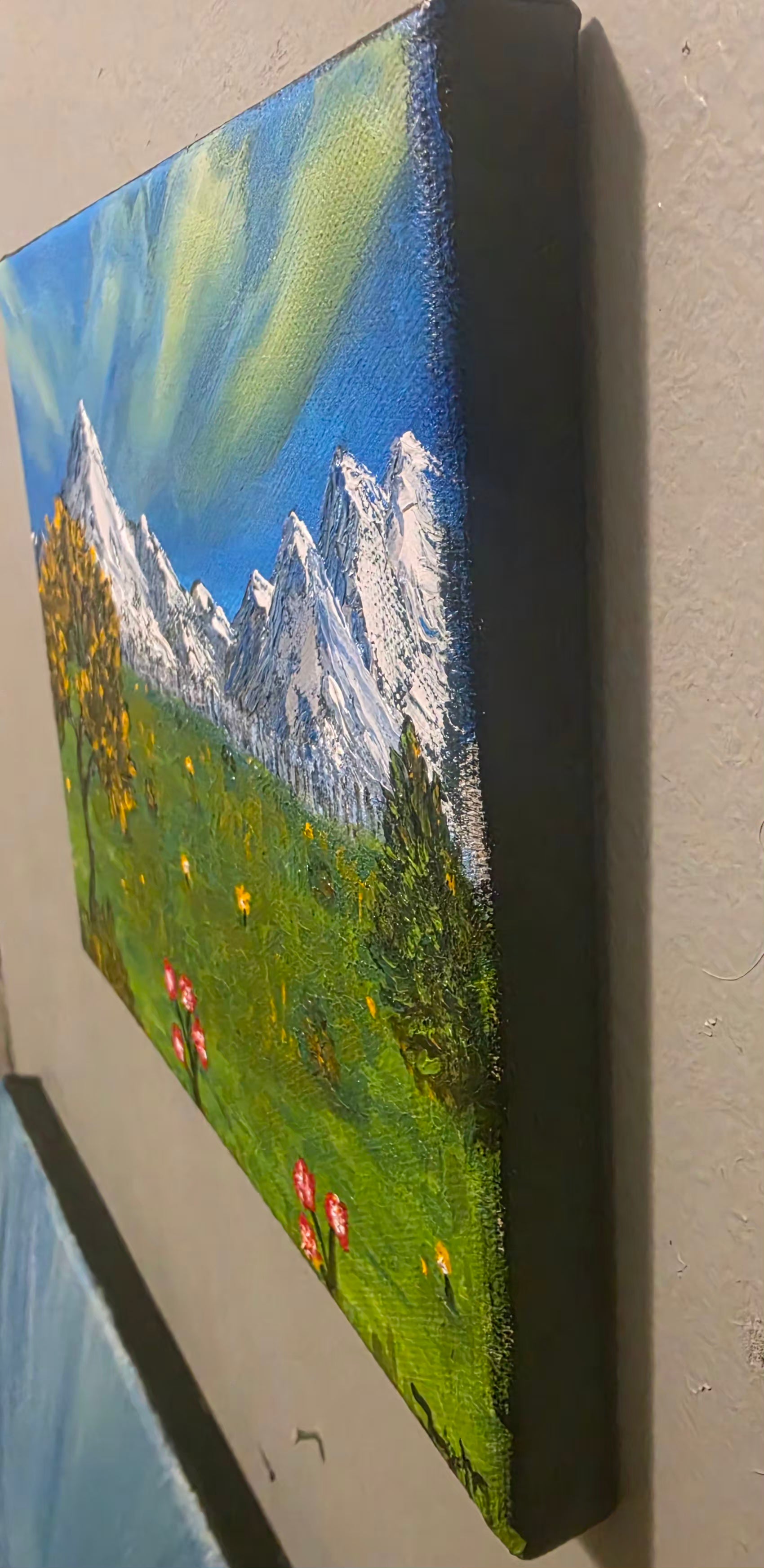 Golden Meadow, Frozen peaks. 8x10 Acrylic on Canvas