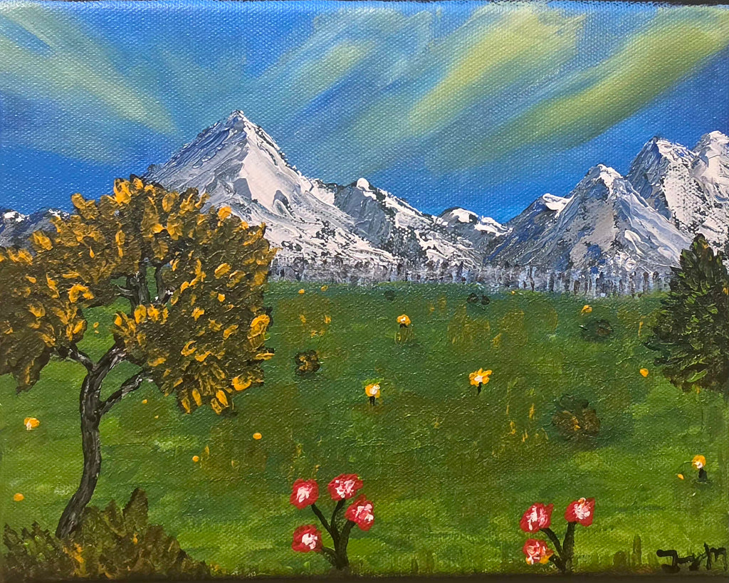 Golden Meadow, Frozen peaks. 8x10 Acrylic on Canvas